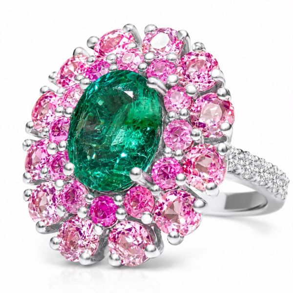 Ring " Flora" with natural emerald, pink sapphires and diamonds REF:175  ID:7500