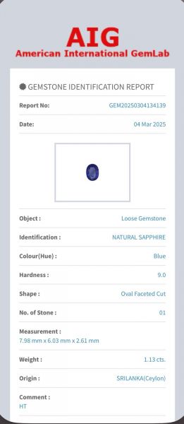 AIG certified natural sapphire 1.13carats REF:10