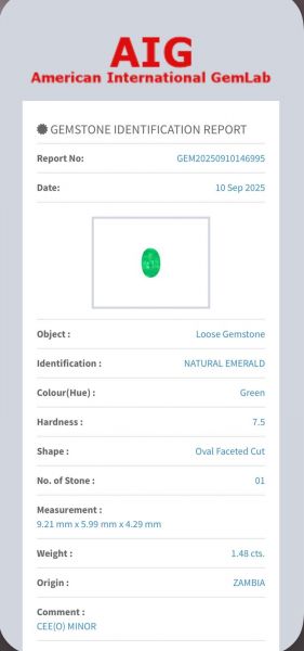 AIG Certified natural Zambian emerald 1.48 carats  REF:26