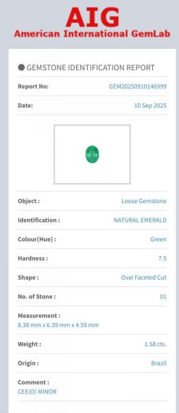 AIG Certified Natural emerald 1.58carats REF:27