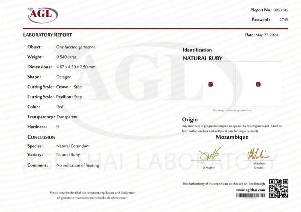 AGL Certified Natural Ruby 0.54 carats REF:18