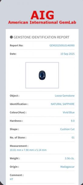 AIG Certified Natural sapphire 3.56 carats  REF:8
